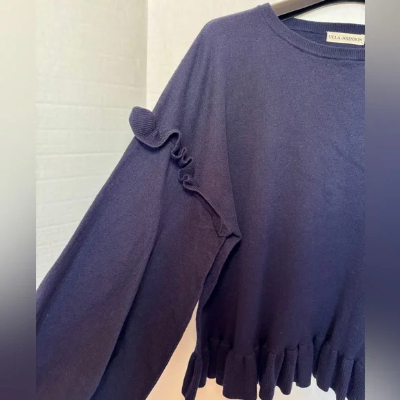 Ulla Johnson Navy Ruffle Cotton/Cashmere Sweater